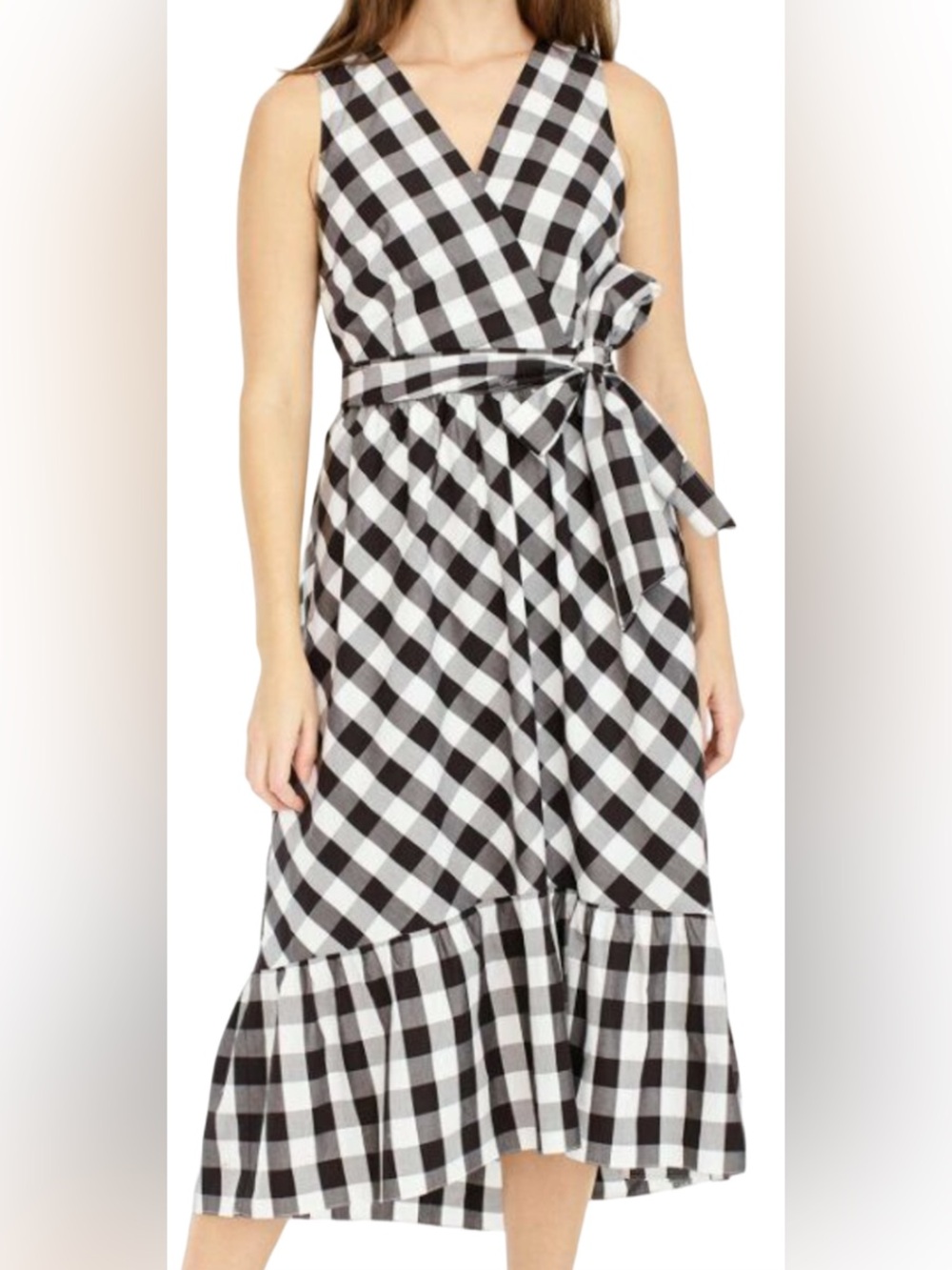 J.Crew Sleeveless Faux Wrap Dress in Gingham Cotton Poplin